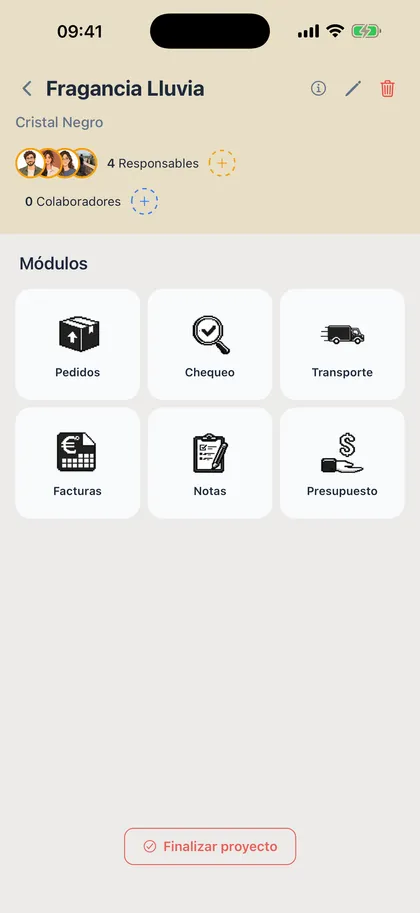 Pantalla de un proyecto con sus módulos: pedidos, chequeo, transporte, facturas, notas y presupuesto.