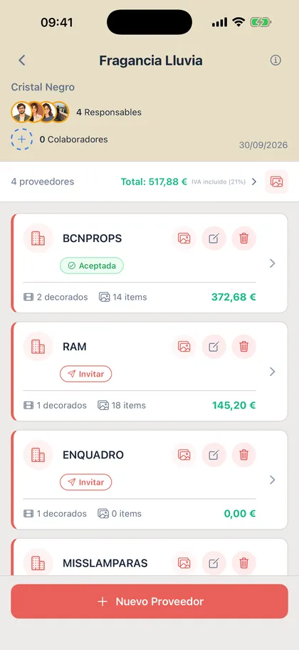 Pedidos de un proyecto, con cada proveedor, sus decorados y el total de cada uno.