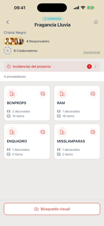 Proveedores de un proyecto, con los decorados y las piezas que aporta cada uno.